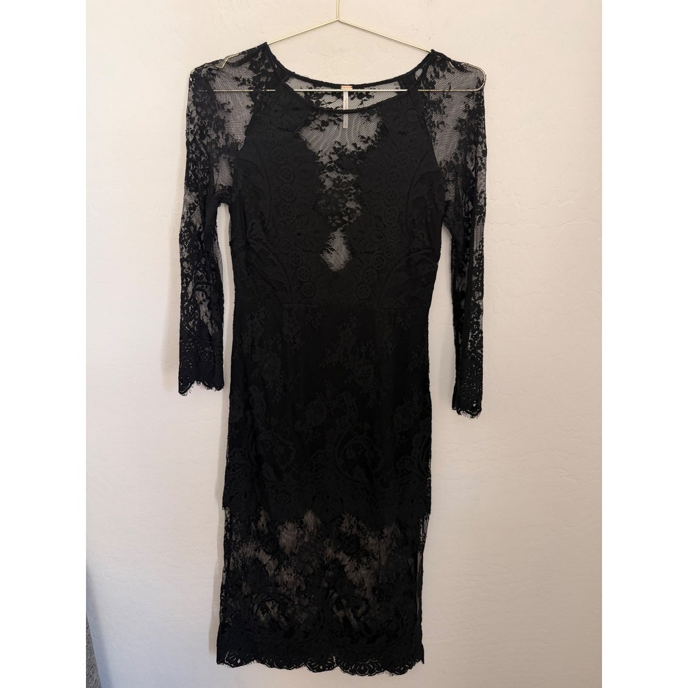 Free People Estelle Black Floral Lace Midi Dress Long Sleeve Sz 6 Victorian Goth